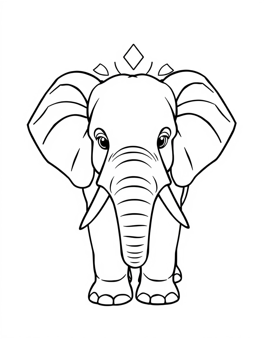 an elephant facing front, with simple details on it and simple geometrical patterns behind him