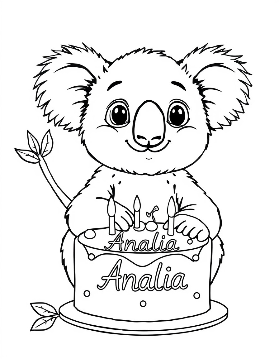A cute koala with a cake that has the name Analia on it