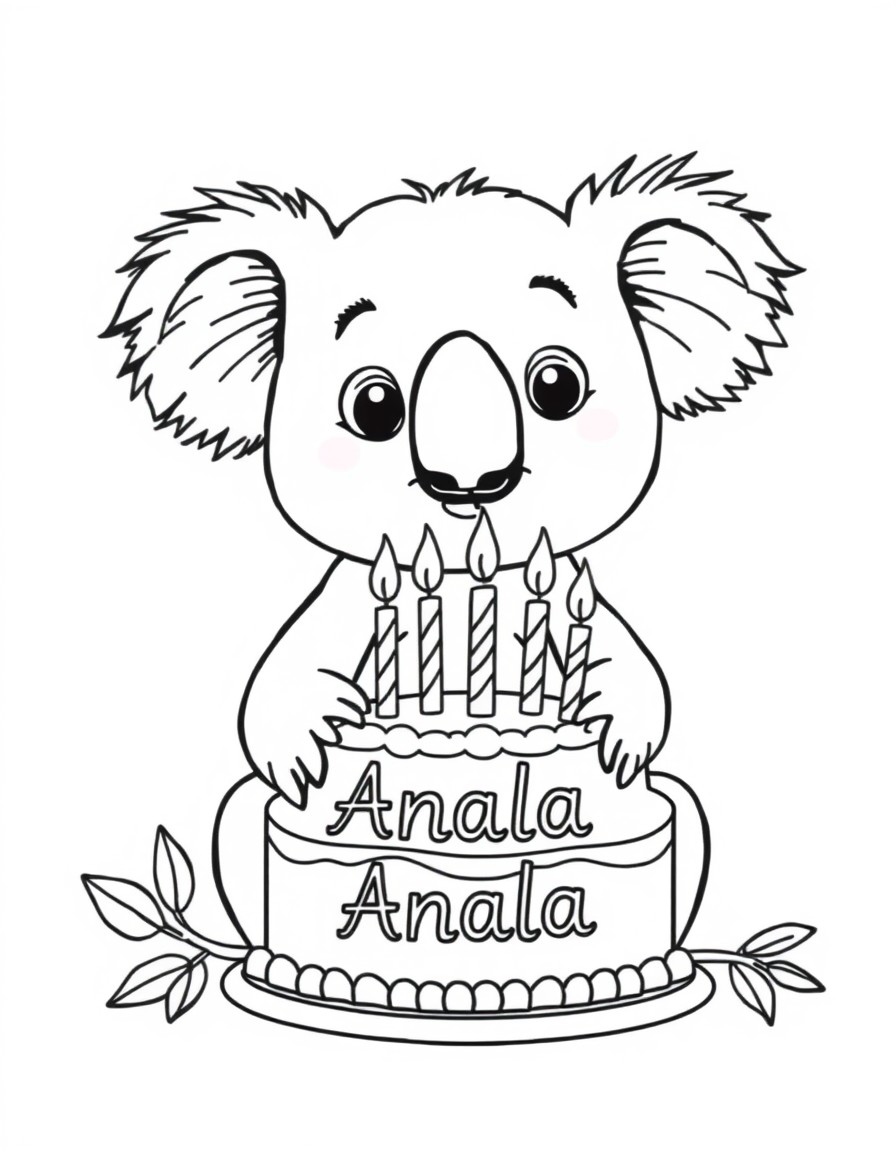 A cute koala with a cake that has the name Anala and 7 candles on it