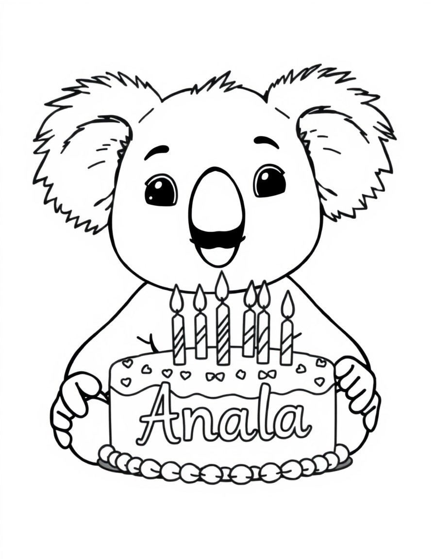 A cute koala with a cake that has the name Anala and 7 candles on it