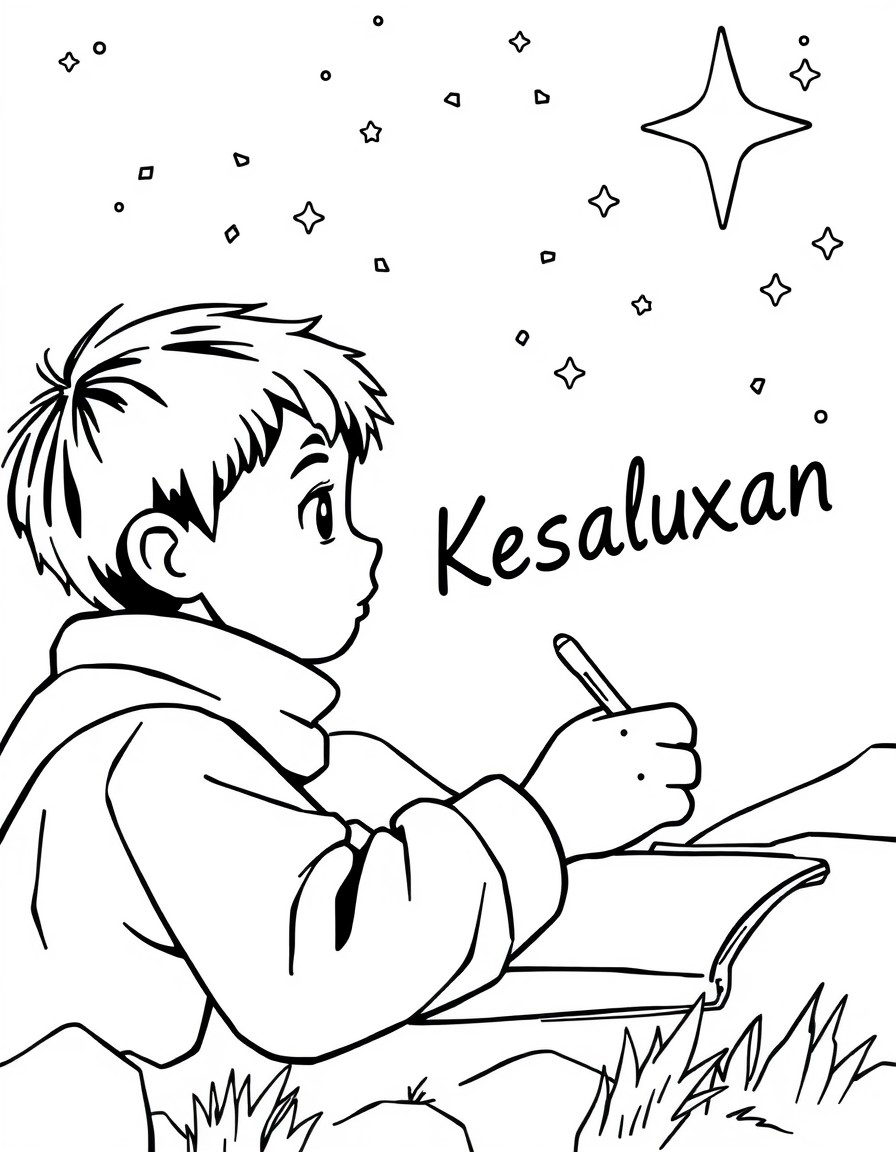 a boy writing 'Kesaluxan' ok sky with stars