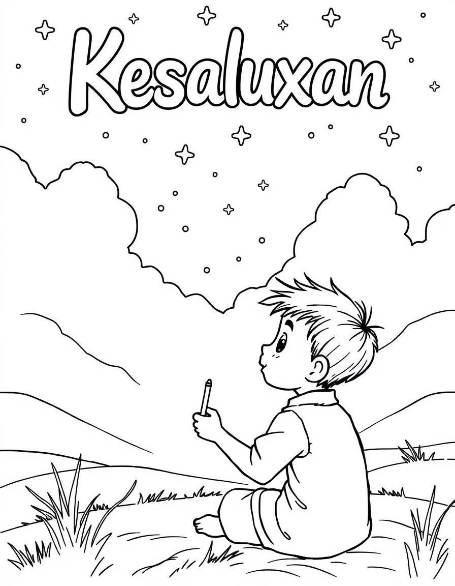 a boy writing 'Kesaluxan' ok sky with stars