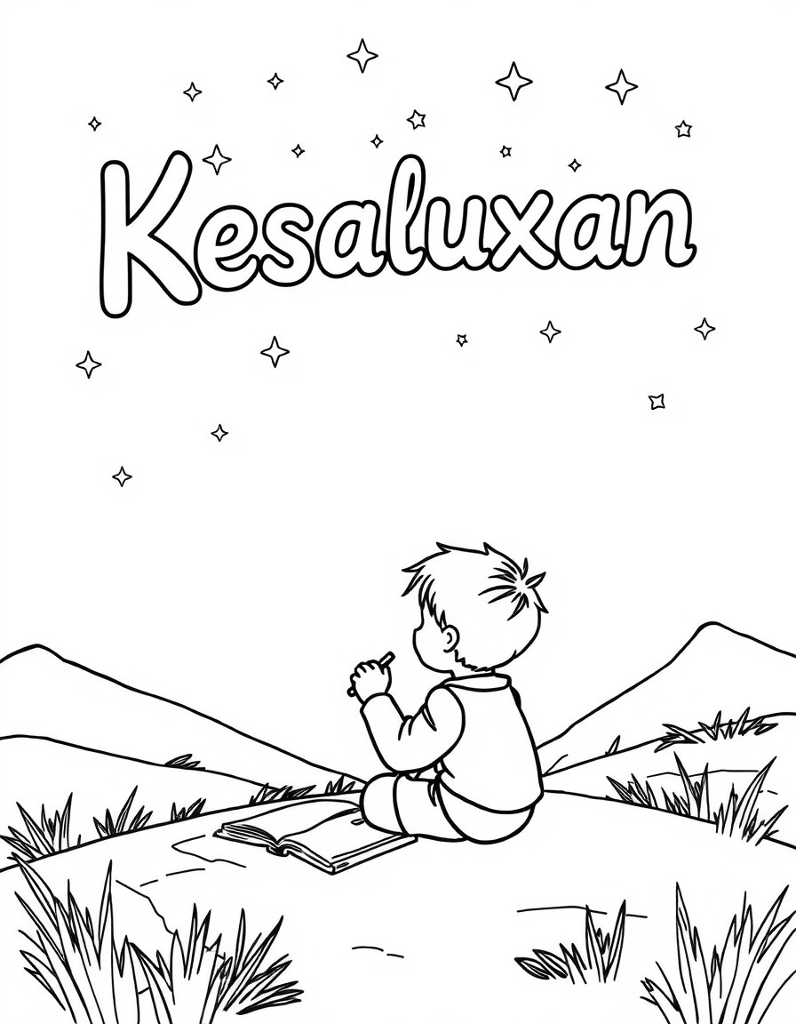 a boy writing 'Kesaluxan' ok sky with stars