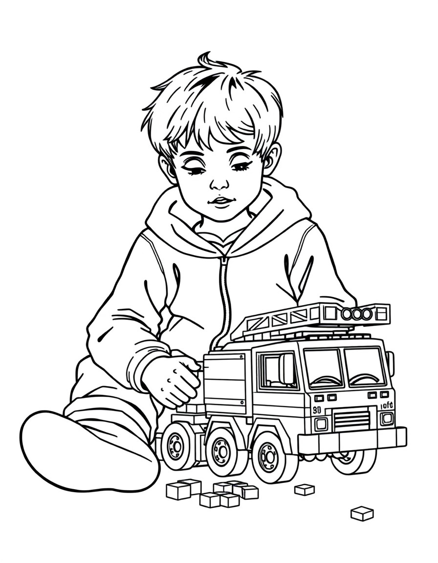 A young british boy wearing a hoody and soft tracksuit pants sits on the floor playing with a lego firetruck