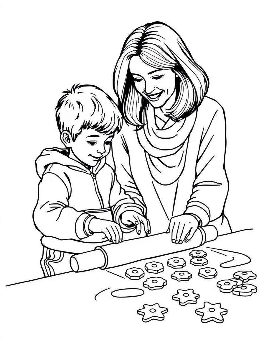 A young boy in a hoody and soft tracksuit pants rolls out cookies with his mum. She is a middle aged woman with lovely shoulder length hair and she smiles as they cut out the cookies together.