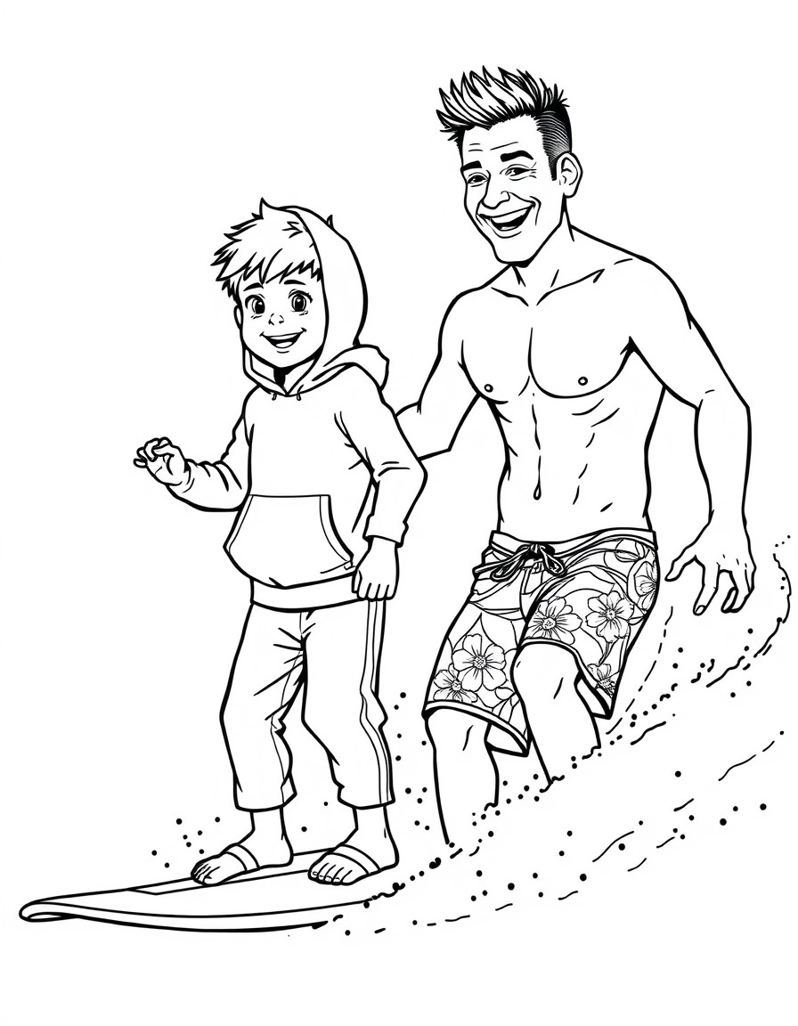 a young boy in a hoody and soft tracksuit pants goes to the beach and surfs with his middle aged dad. His dad has short spiky hair and wears flowery boardshorts. They smile as they surf the wave toget