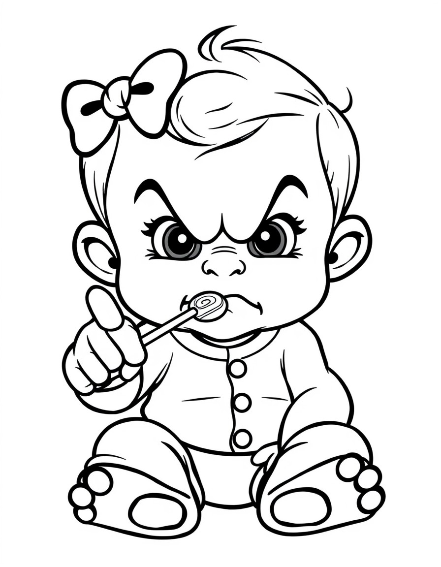 cute baby in a disney style. sitting angry looking at the camera pointing with a lollipop