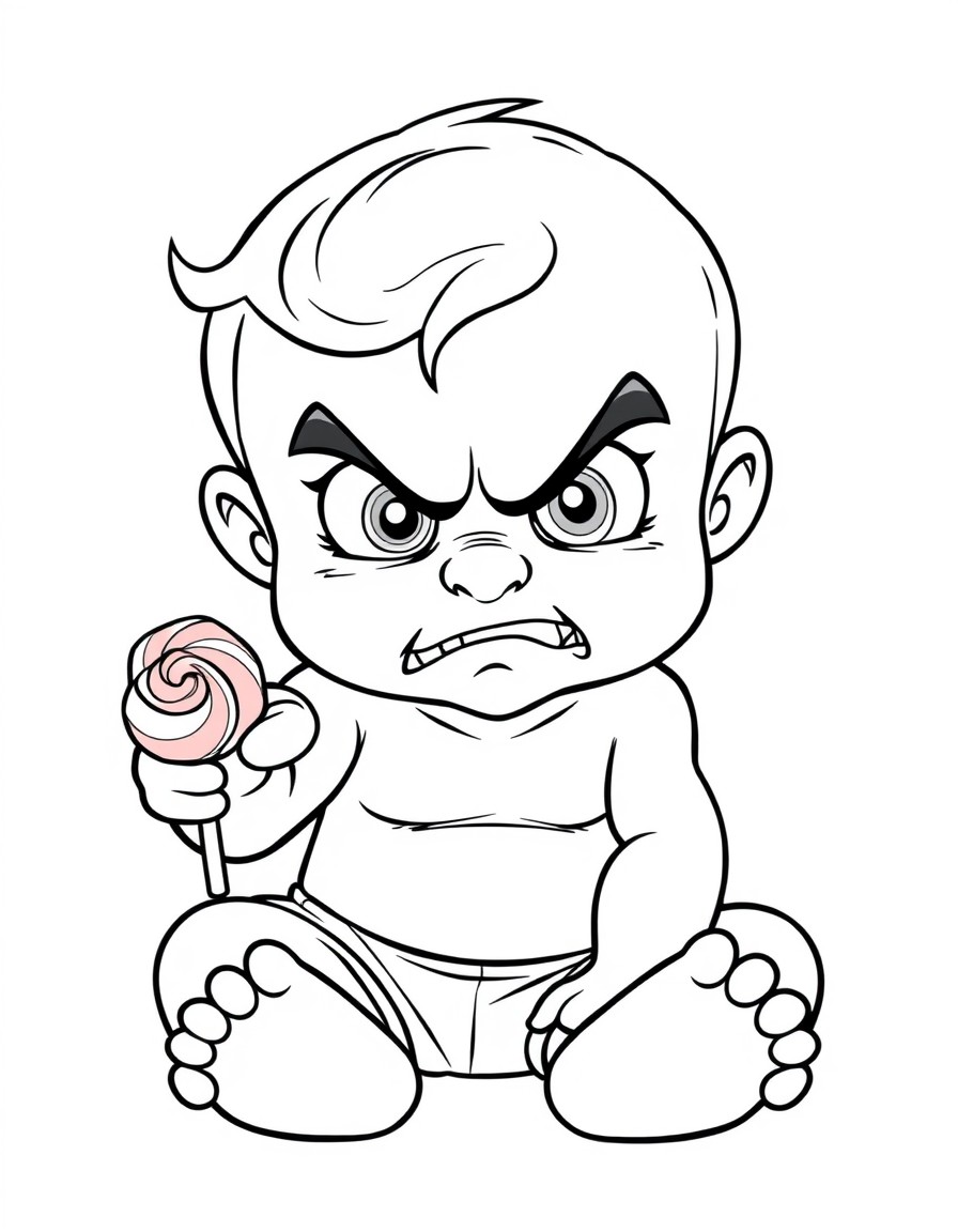 cute baby in a disney style. sitting angry looking at the camera pointing with a lollipop