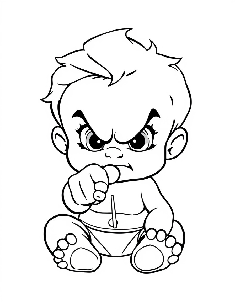 cute baby in a disney style. sitting angry looking at the camera pointing with a lollipop