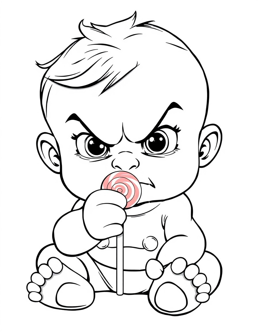 cute baby in a disney style. sitting angry looking at the camera pointing with a lollipop