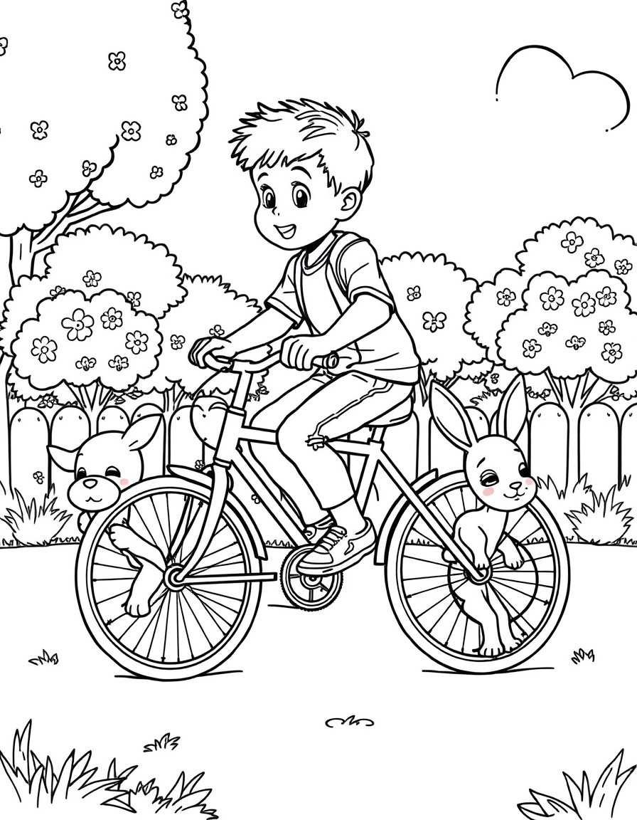 A boy on a bicycle chasing a cute dog and rabbit