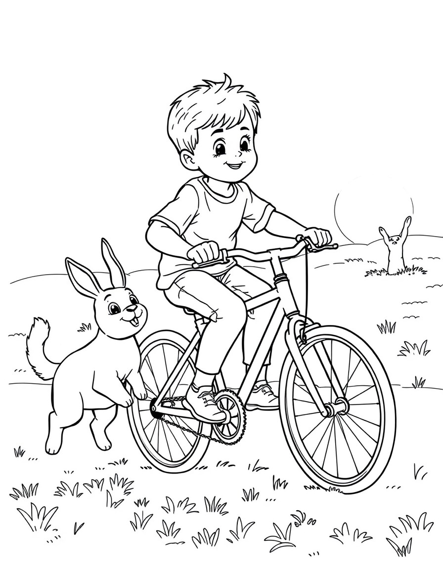 A boy on a bicycle chasing a cute dog and rabbit