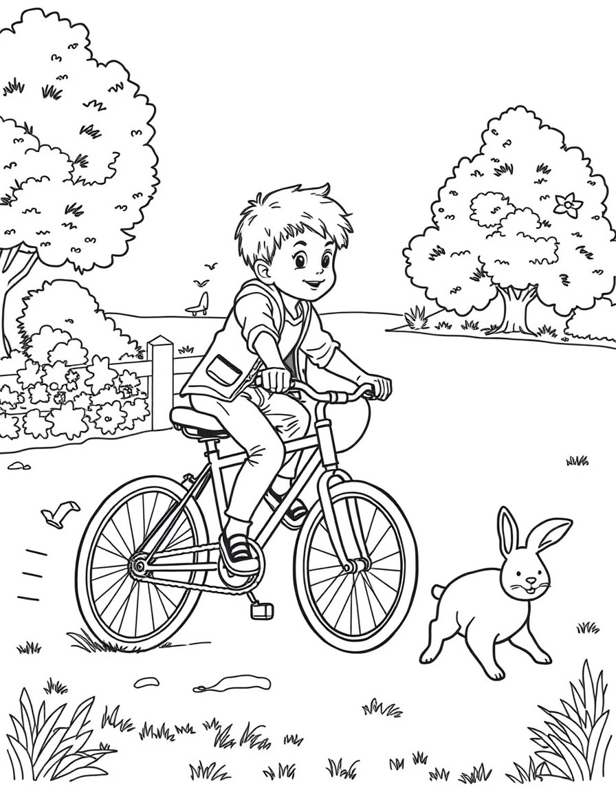 A boy on a bicycle chasing a cute dog and rabbit