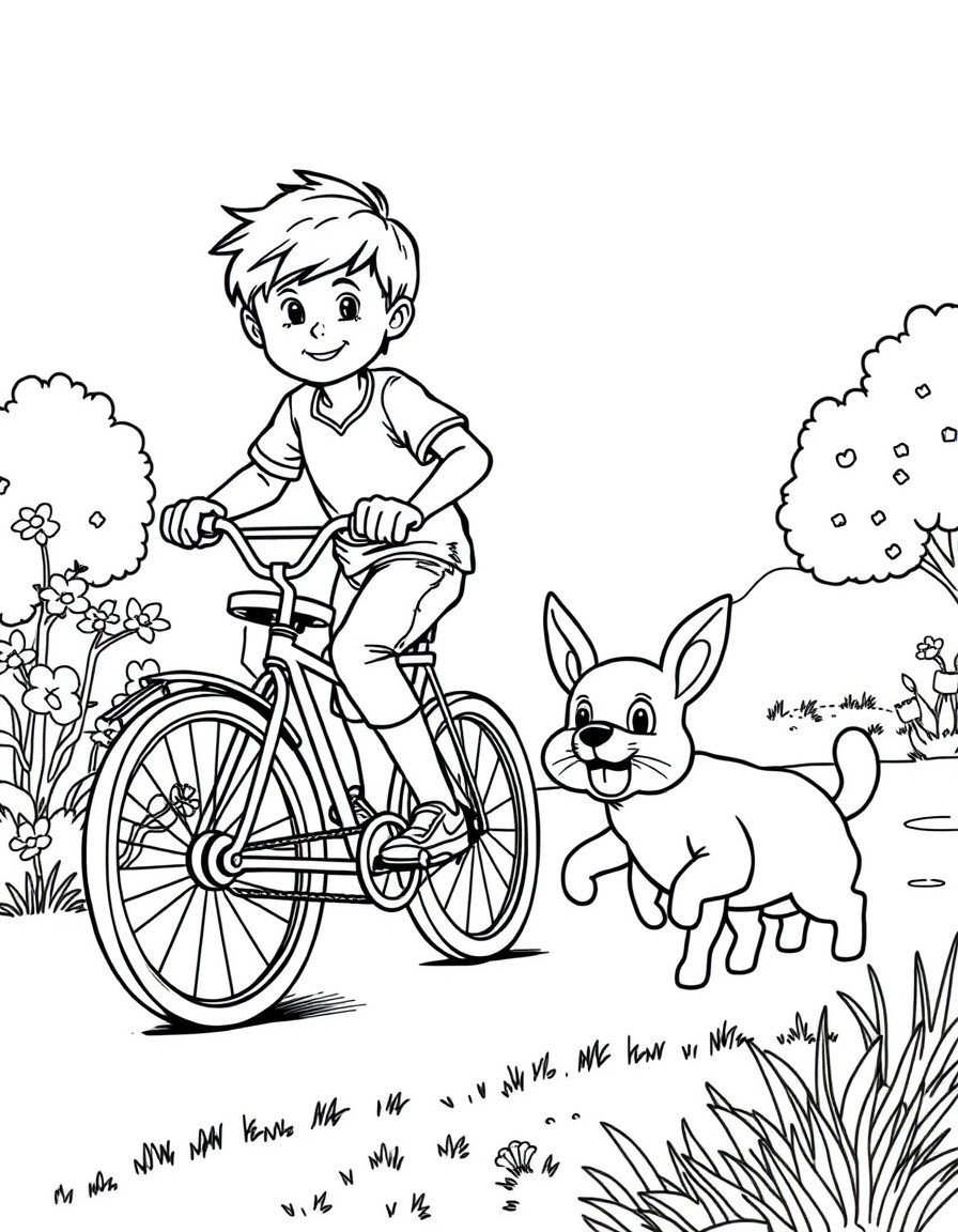 A boy on a bicycle chasing a cute dog and rabbit