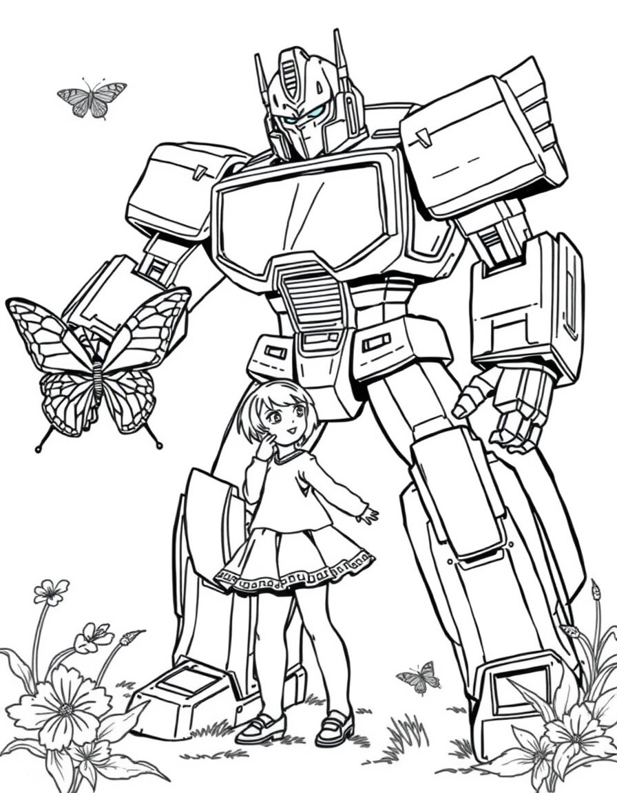 A transformer Autobot protecting a girl from a falling butterfly