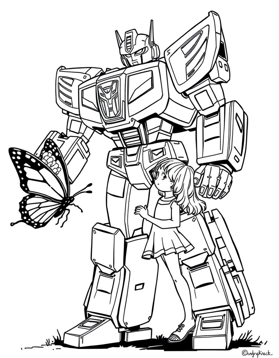 A transformer Autobot protecting a girl from a falling butterfly