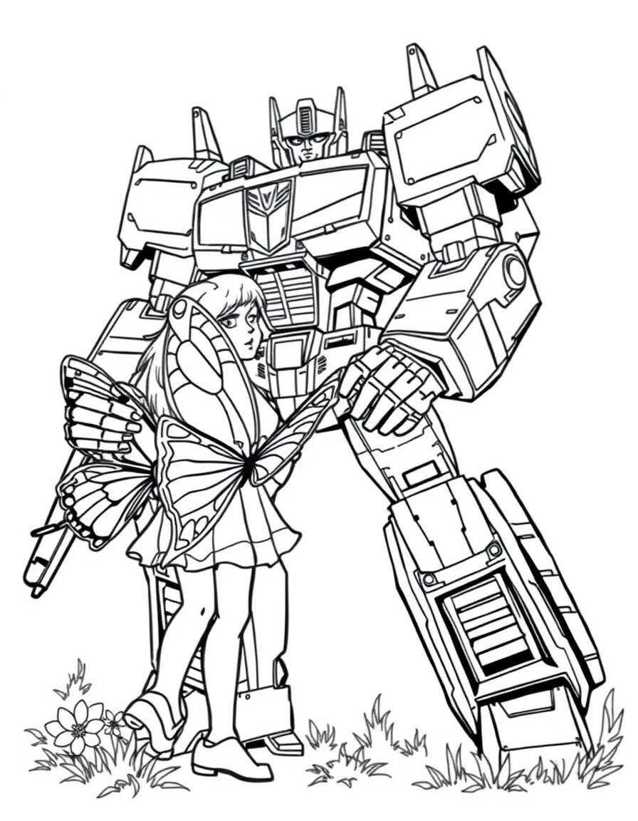 A transformer Autobot protecting a girl from a falling butterfly