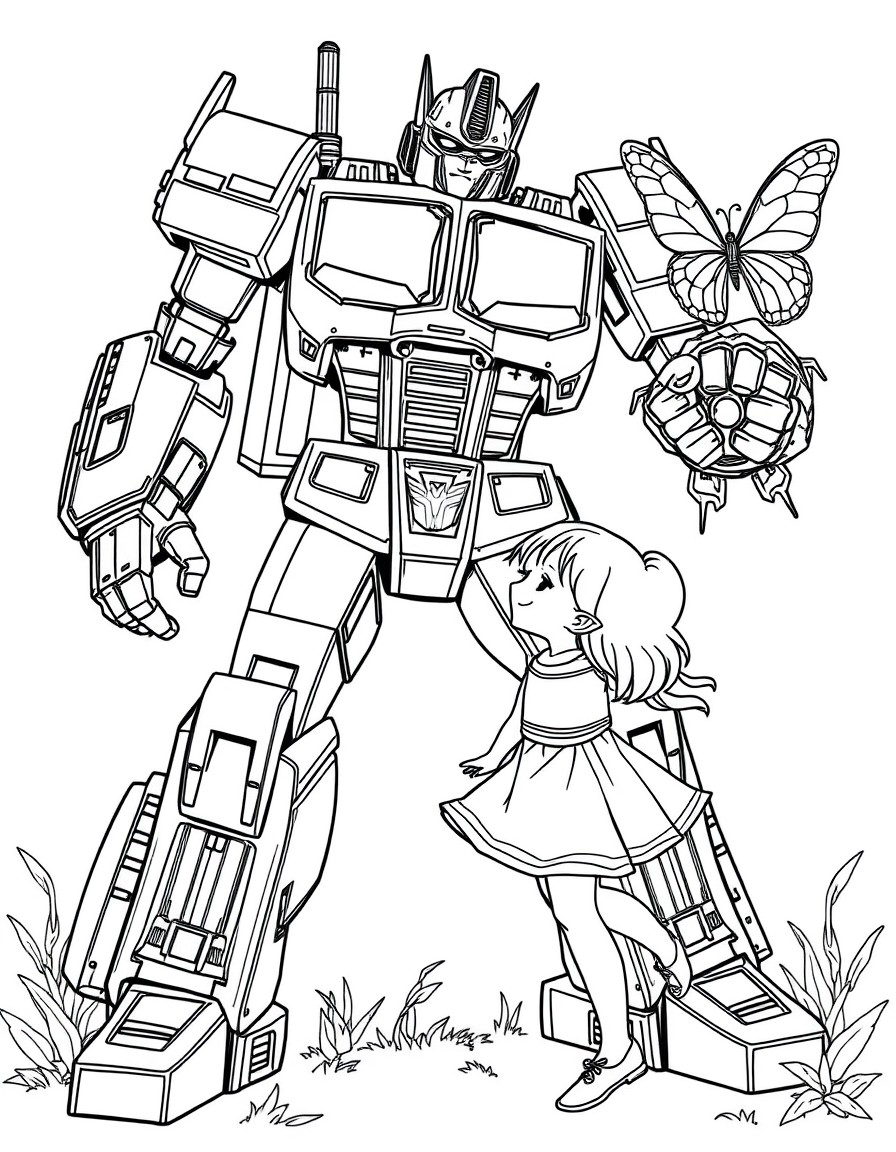 A transformer Autobot protecting a girl from a falling butterfly
