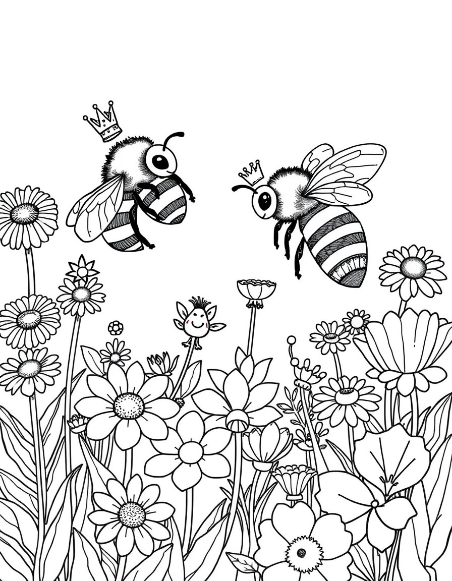 A whimsical flower garden where giant bees wear tiny crowns