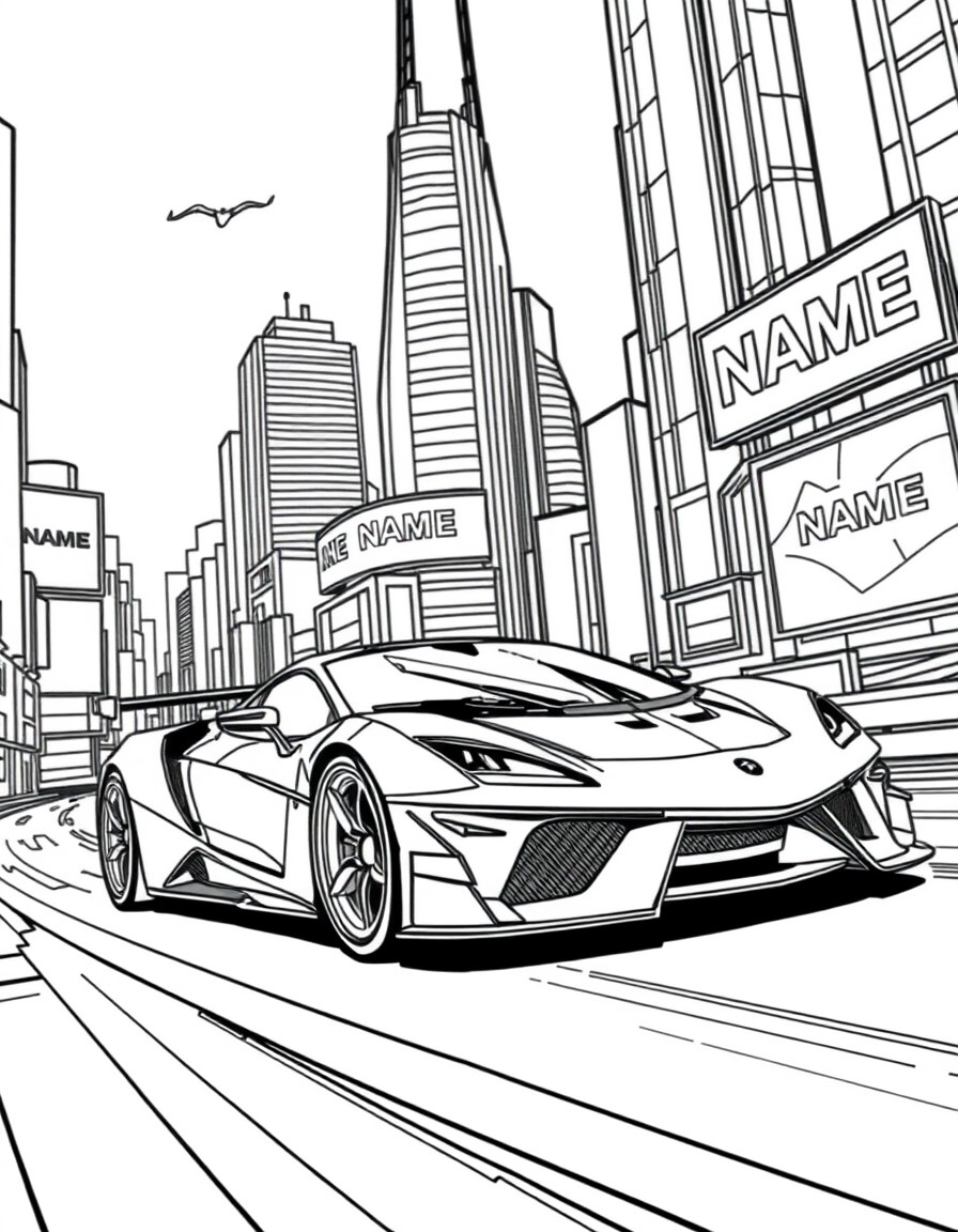 A supercar speeding through a futuristic city with billboards showing 'NAME'