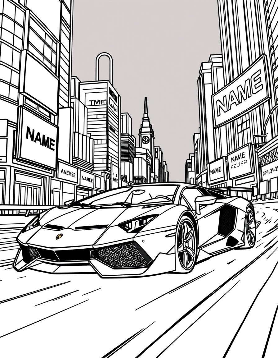 A supercar speeding through a futuristic city with billboards showing 'NAME'