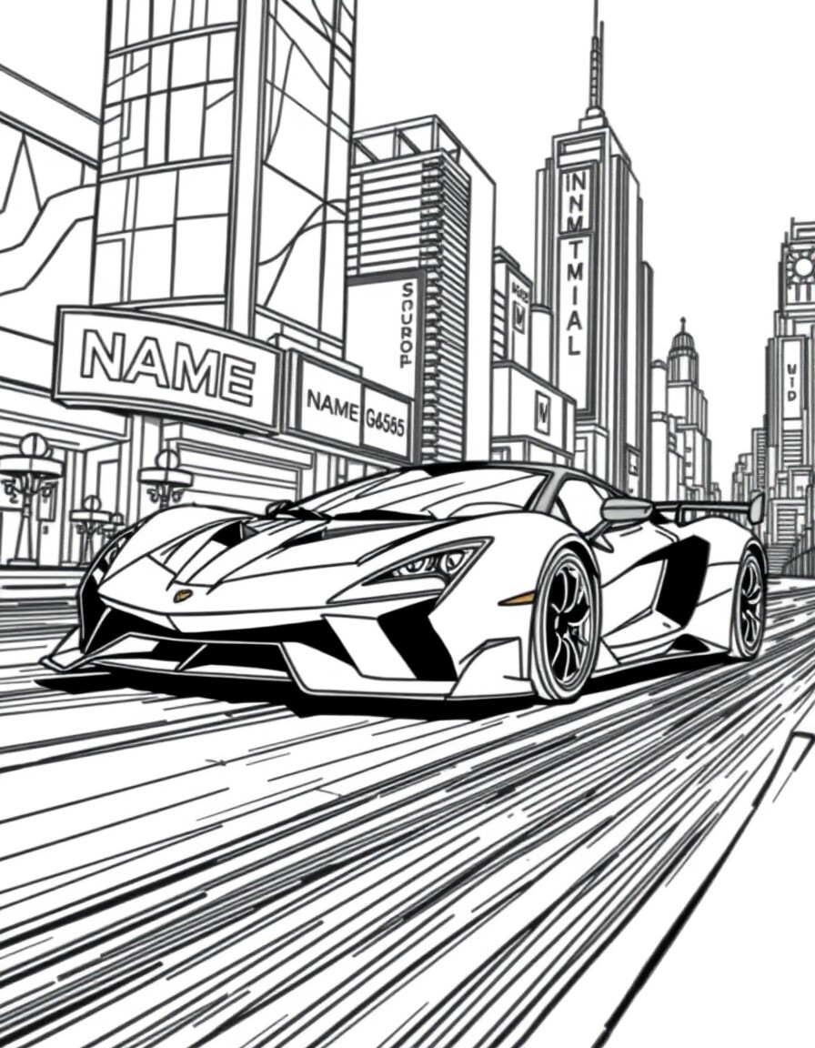A supercar speeding through a futuristic city with billboards showing 'NAME'