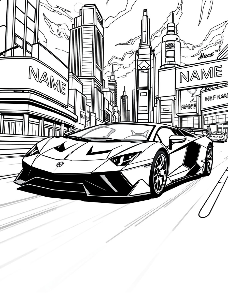 A supercar speeding through a futuristic city with billboards showing 'NAME'
