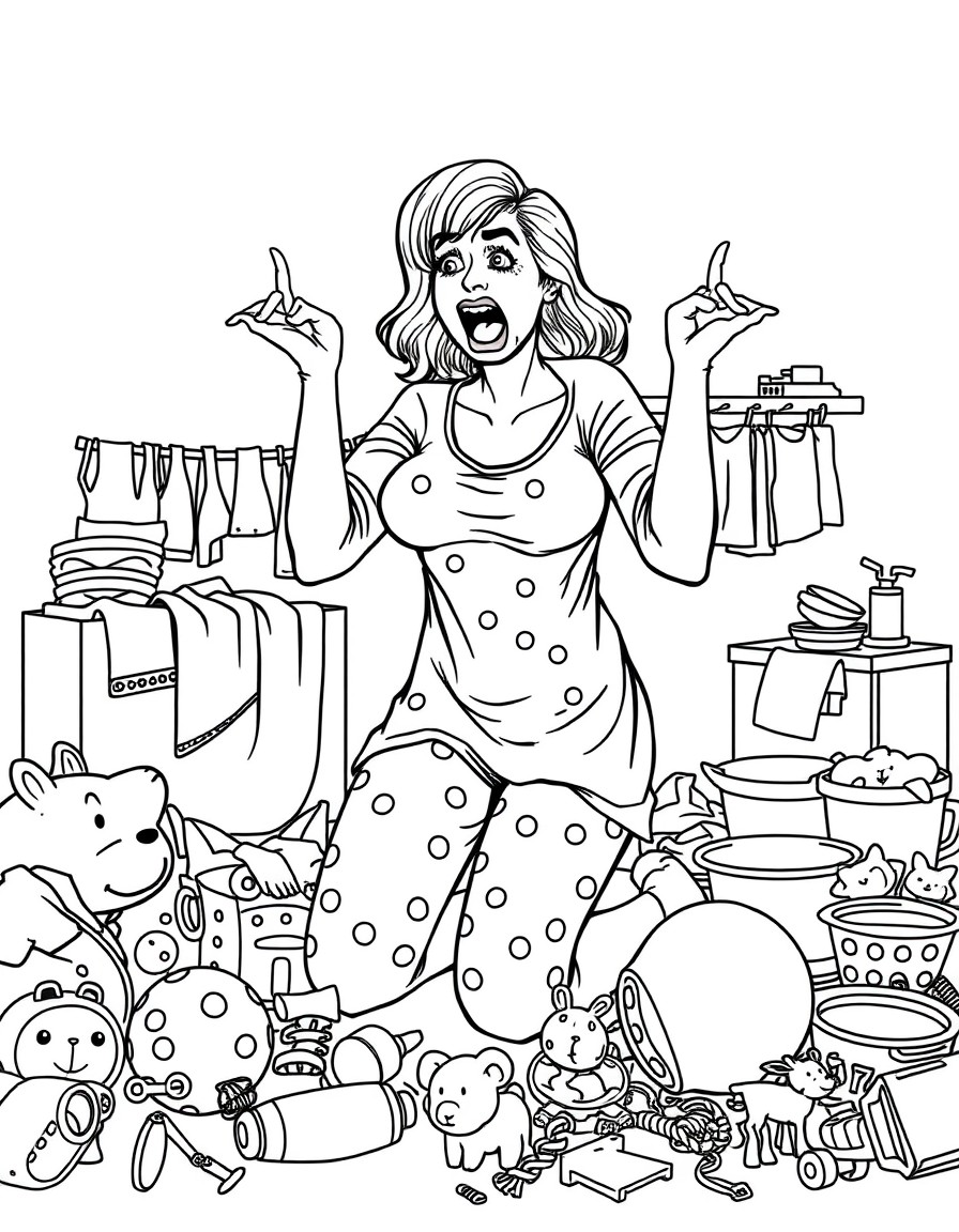 a mum on her knees who is about to explode as she is surrounded by mess including toys, laundry and dishes