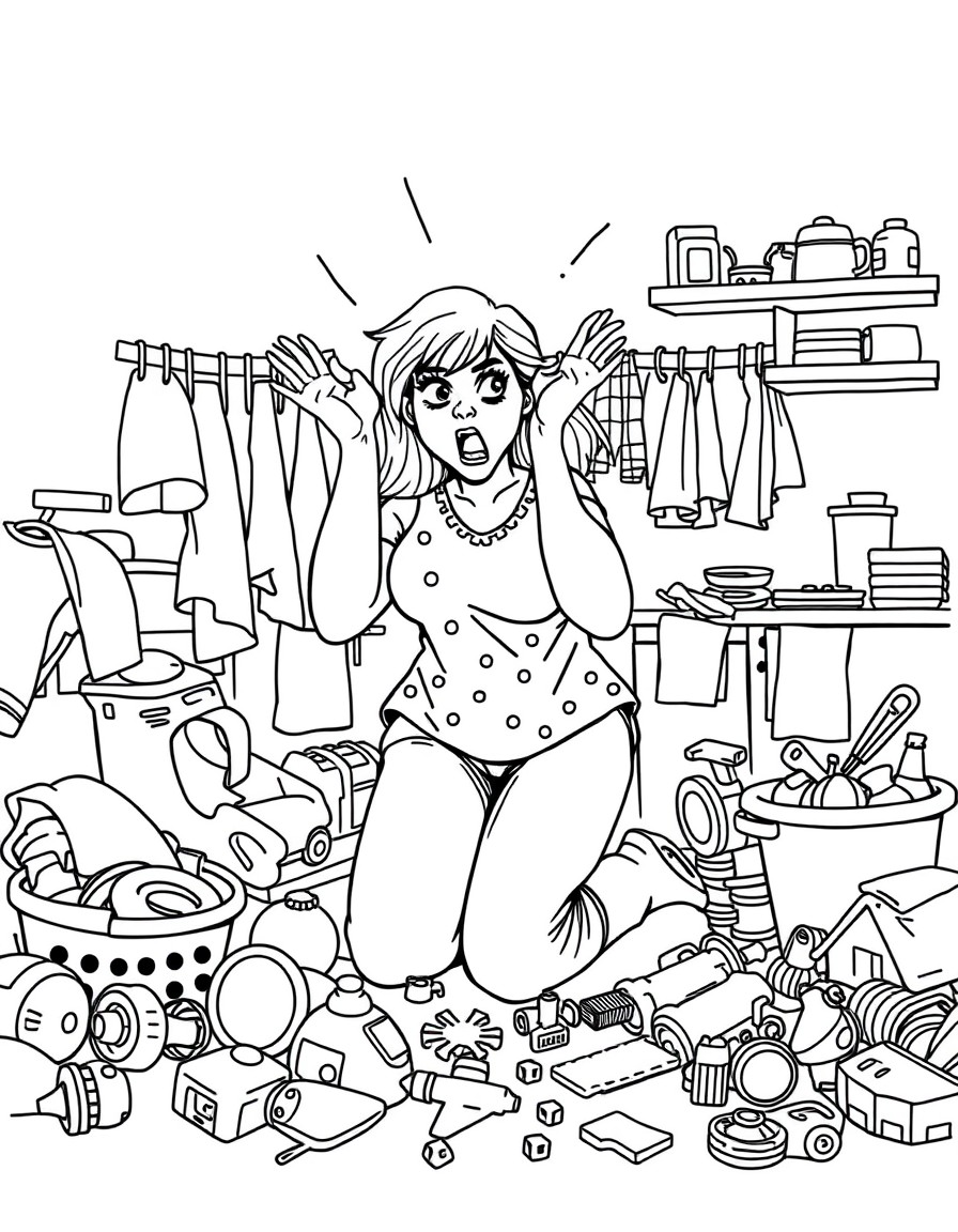 a mum on her knees who is about to explode as she is surrounded by mess including toys, laundry and dishes