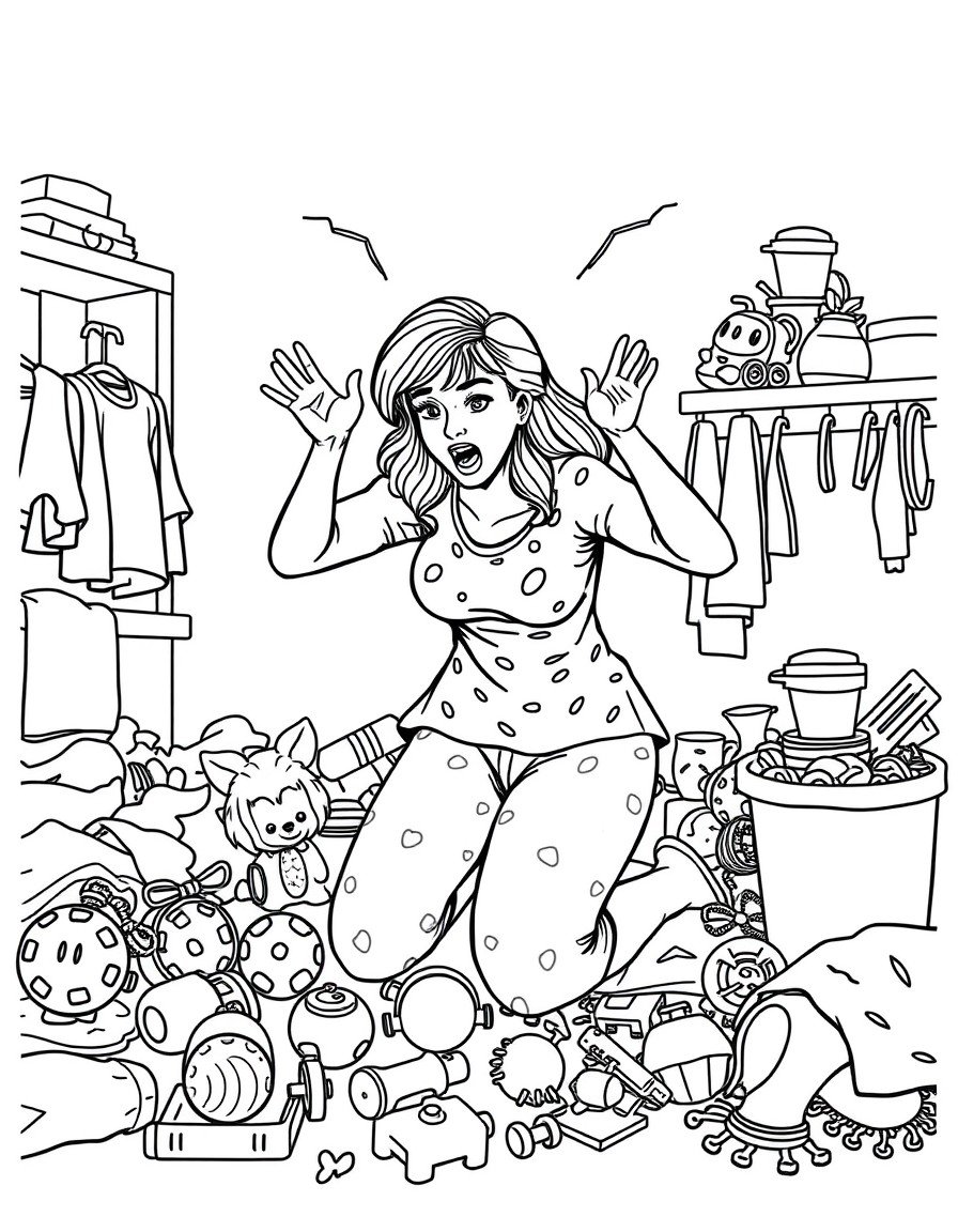 a mum on her knees who is about to explode as she is surrounded by mess including toys, laundry and dishes