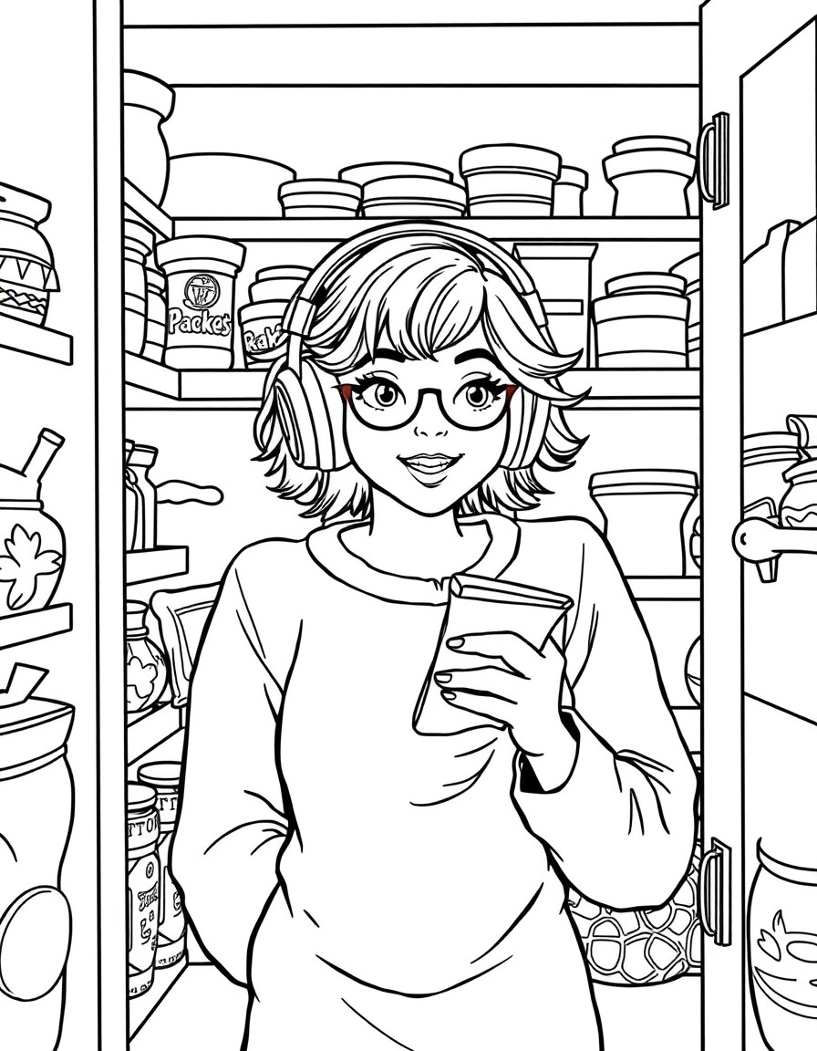 a mum hiding in a pantry with snacks and headphones