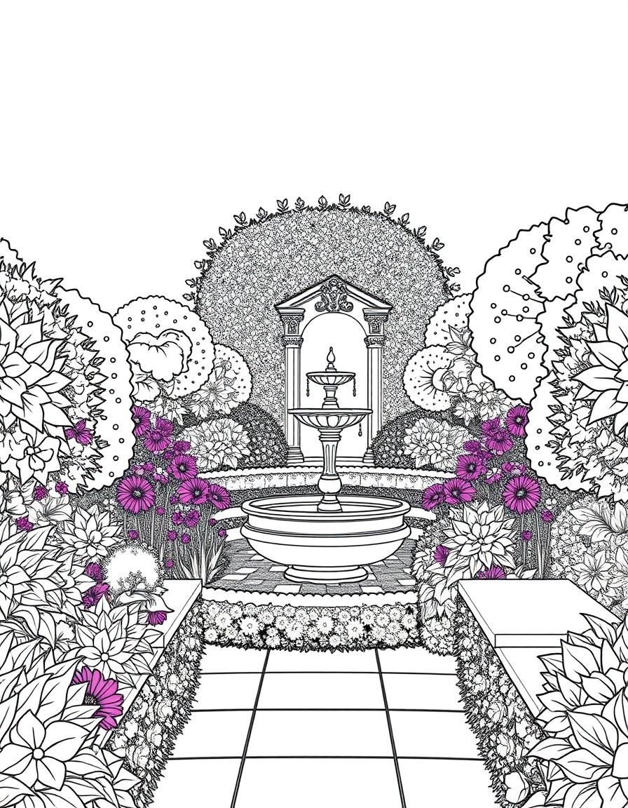 a splendid, lush private garden with many many different types of flowers. there is a fountain in the middle, hedges around the outside, marble benches for thinking