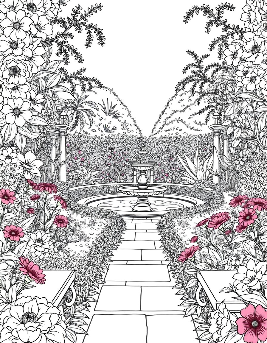 a splendid, lush private garden with many many different types of flowers. there is a fountain in the middle, hedges around the outside, marble benches for thinking