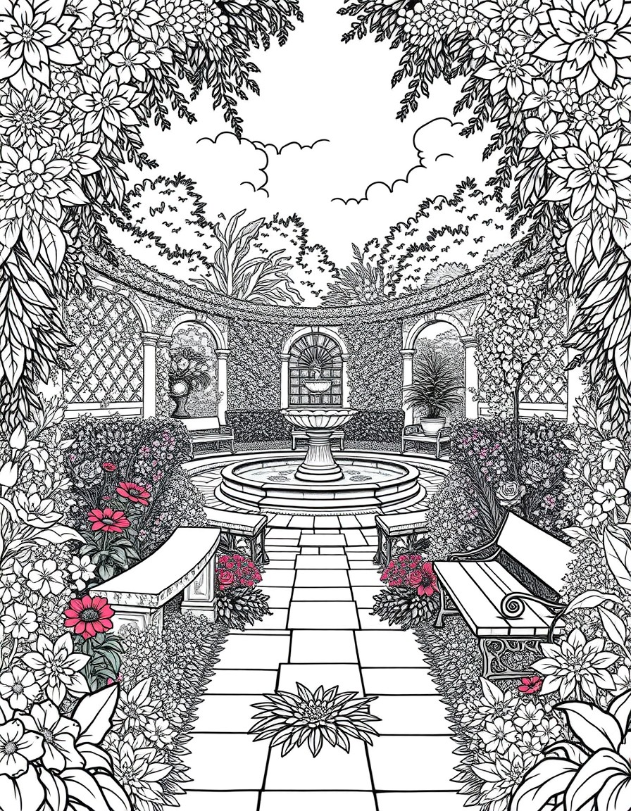 a splendid, lush private garden with many many different types of flowers. there is a fountain in the middle, hedges around the outside, marble benches for thinking