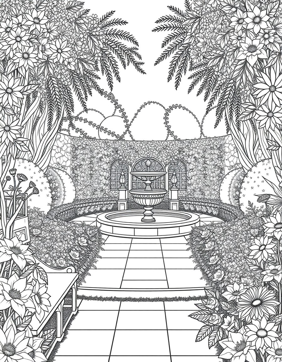 a splendid, lush private garden with many many different types of flowers. there is a fountain in the middle, hedges around the outside, marble benches for thinking