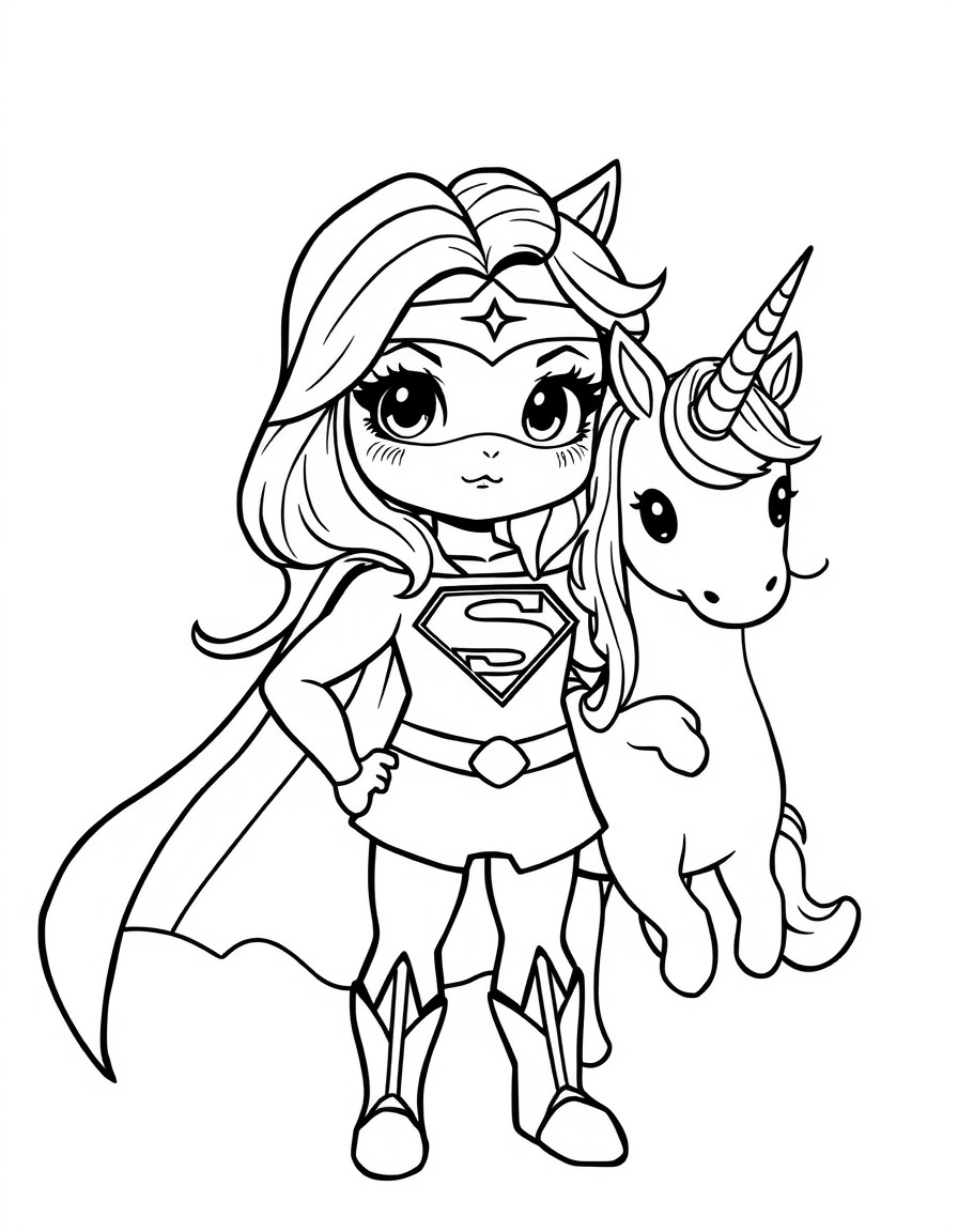 A cute Supergirl with a unicorn sidekick