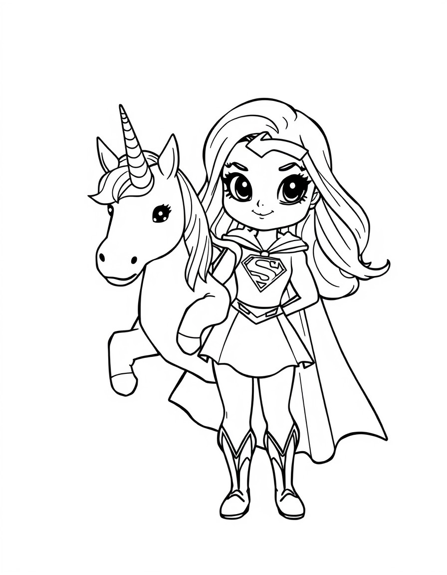 A cute Supergirl with a unicorn sidekick