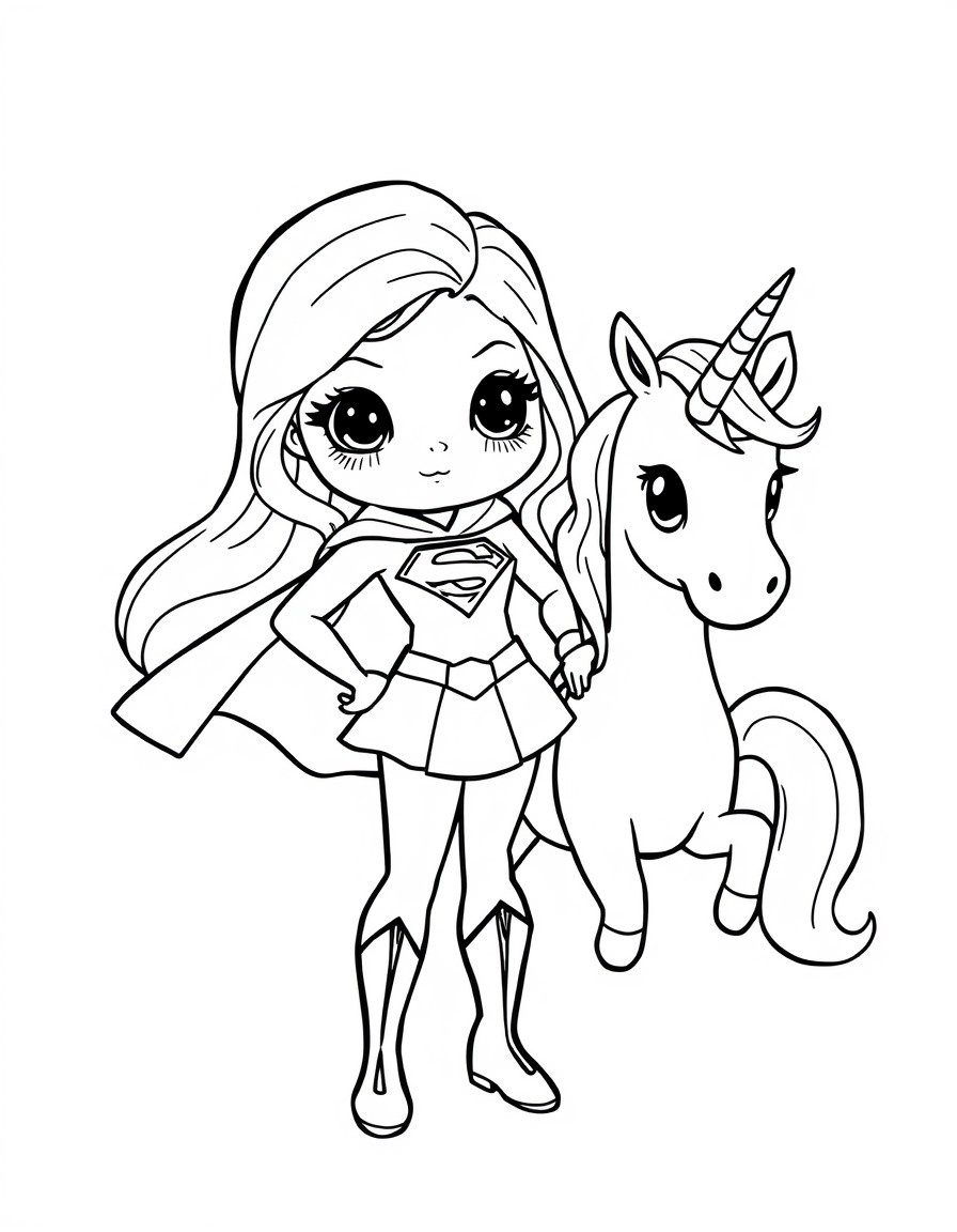 A cute Supergirl with a unicorn sidekick