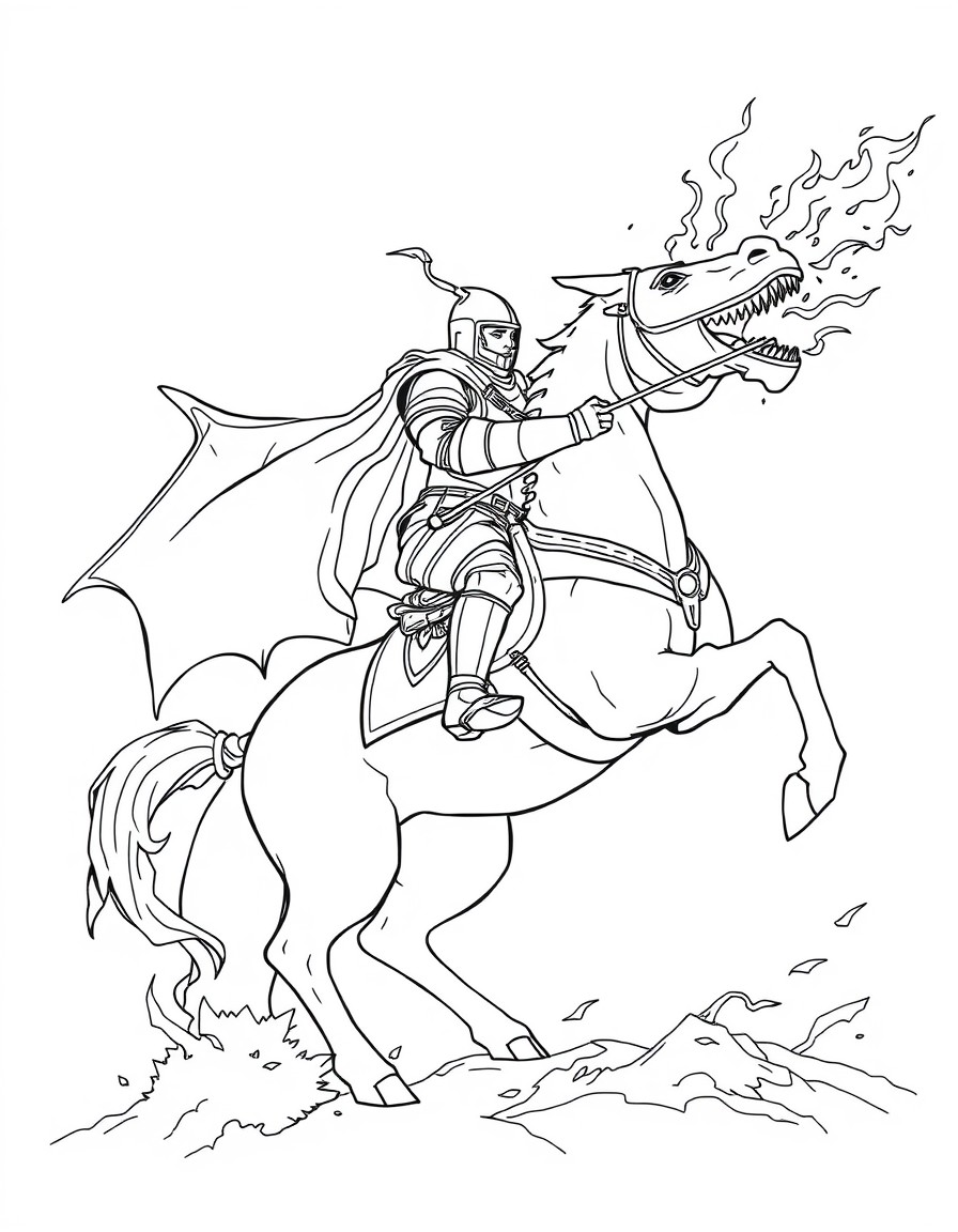 Create a medieval knight in full armour on horseback with the horse rearing up, fighting a fire breathing dragon, that is breathing a huge burst of fire.