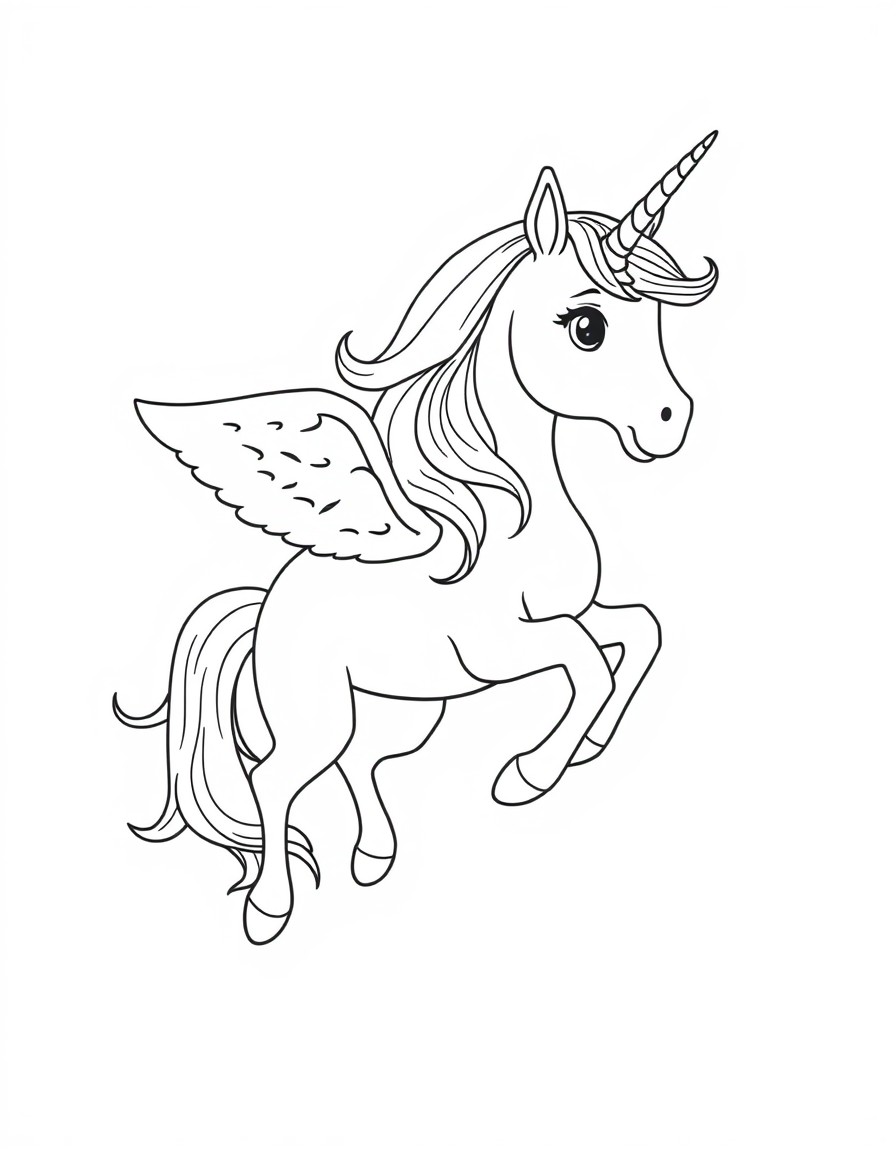 A unicorn flying with a little blond girl flying next to the unicorn.  they are friends