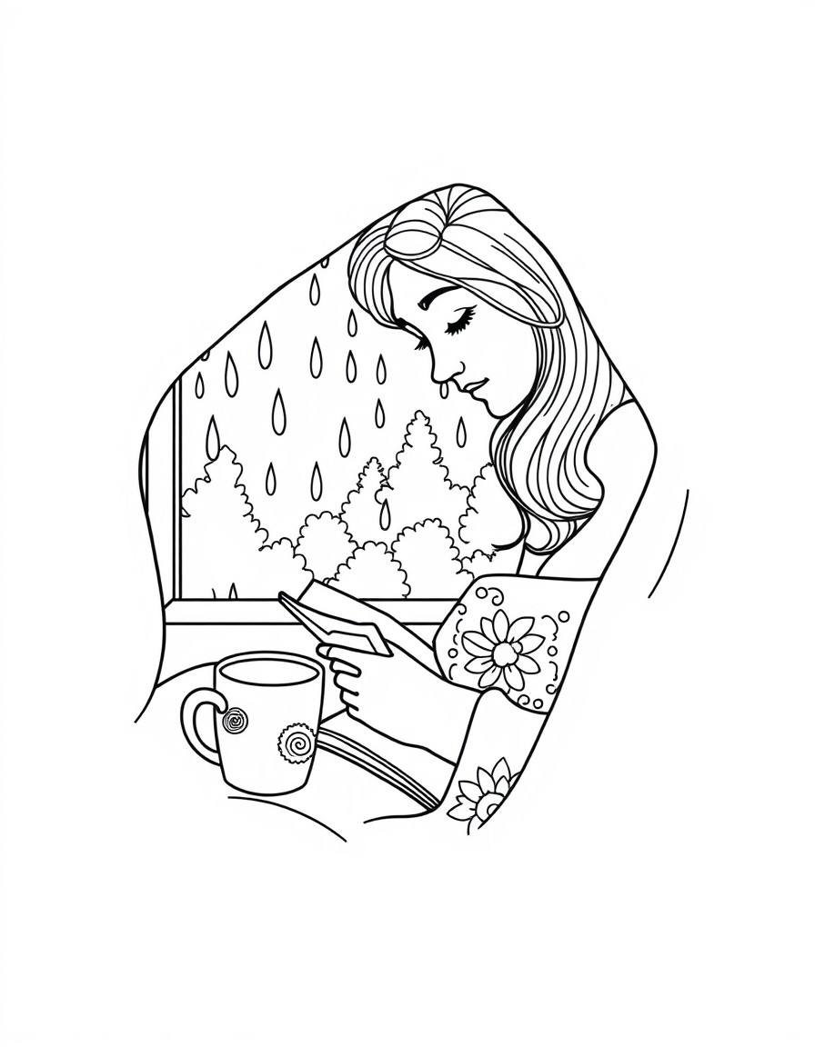A mom journaling under a blanket on a rainy day. Cup with a swirl pattern beside her, journal with flower doodles, window shows raindrops and trees