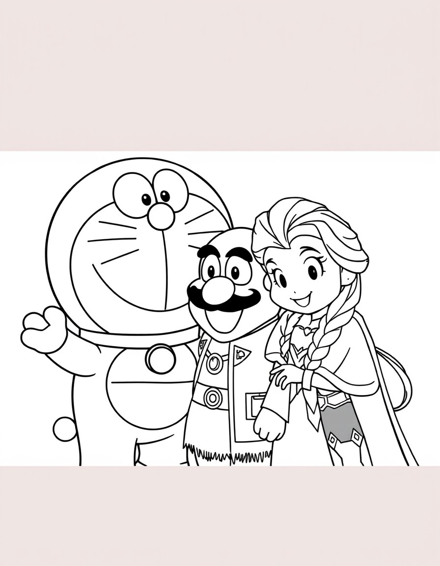 doraemon, gunman y willy fog comiendo con los personajes de frozen