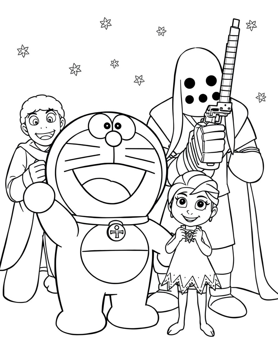 doraemon, gunman y willy fog comiendo con los personajes de frozen