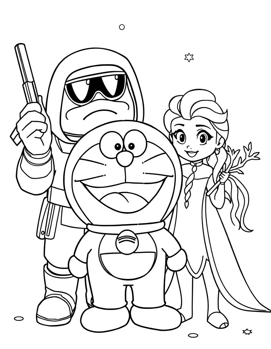 doraemon, gunman y willy fog comiendo con los personajes de frozen