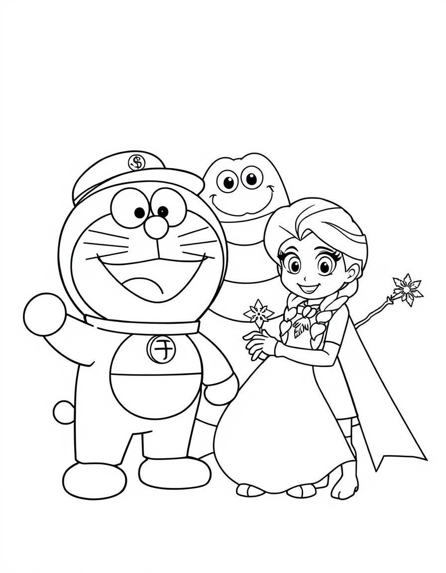 doraemon, gunman y willy fog comiendo con los personajes de frozen