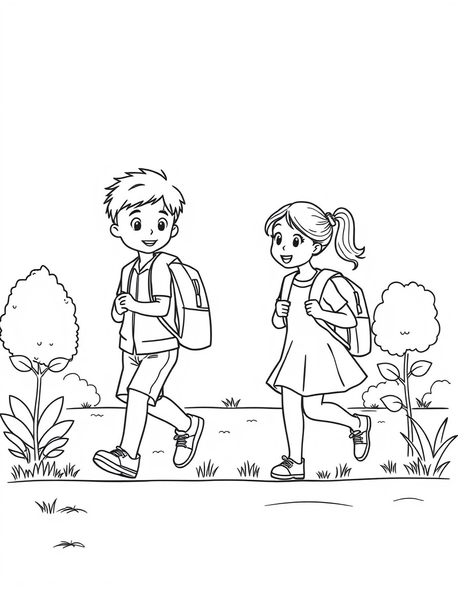 a simple image of a boy and girl with school uniform and backpacks playing in the schoolyard