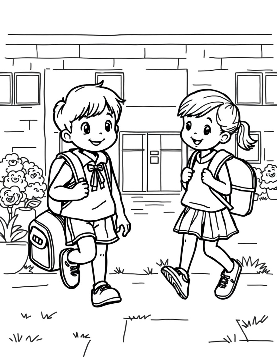 a simple image of a boy and girl with school uniform and backpacks playing in the schoolyard
