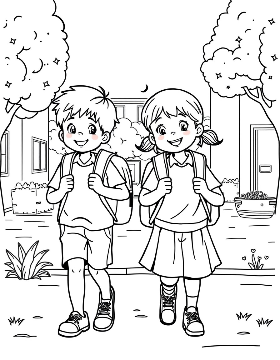 a simple image of a boy and girl with school uniform and backpacks playing in the schoolyard