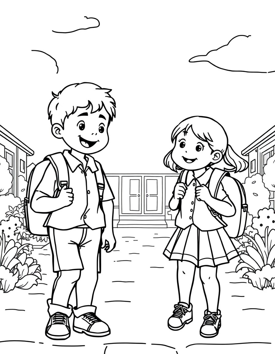 a simple image of a boy and girl with school uniform and backpacks playing in the schoolyard