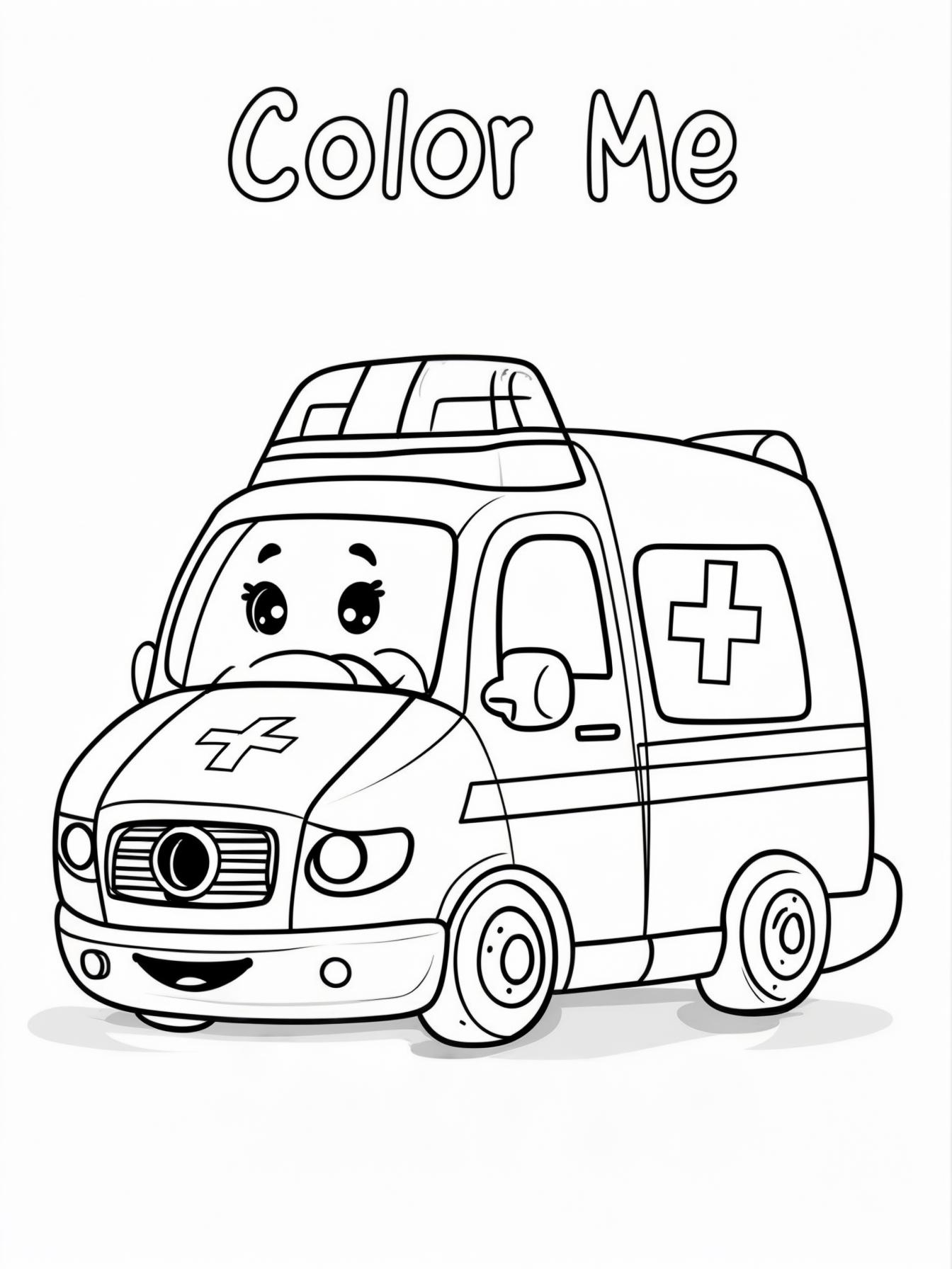 cute ambulance coloring page for toddlers, simple bold design, siren on top, friendly cartoon face, thick black lines, no background
